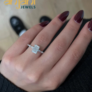 Radiant Cut Moissanite Engagement Ring with Marquise Side Stones, Hidden Halo, 14K Gold