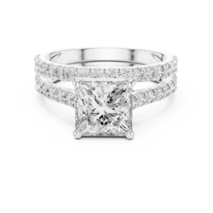 Princess Cut Lab Grown Diamond Engagement Ring Split Shank Hidden Halo Pavé Band in 18K White Gold IGI Certified Diamonds